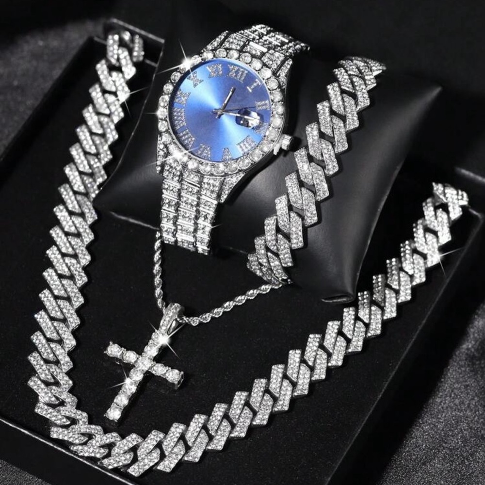 5 Pcs Gift Watch+Cross Pendant Necklace+Bracelet Creative Iced Out Miami Link
